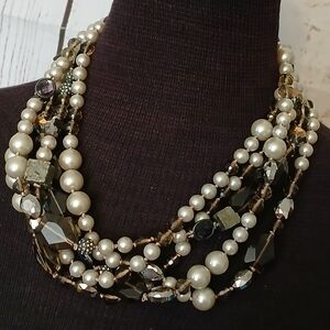 Stella and Dot Astor statement necklace 5 strands pyrite pearls, smoky quartz